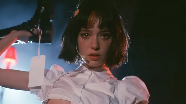 medium close-up of a young Caucasian American woman with pale skin and light freckles, a glossy black blunt jaw-length bob with heavy bangs and one clay-orange streak through the bangs, a small flat clay-orange…