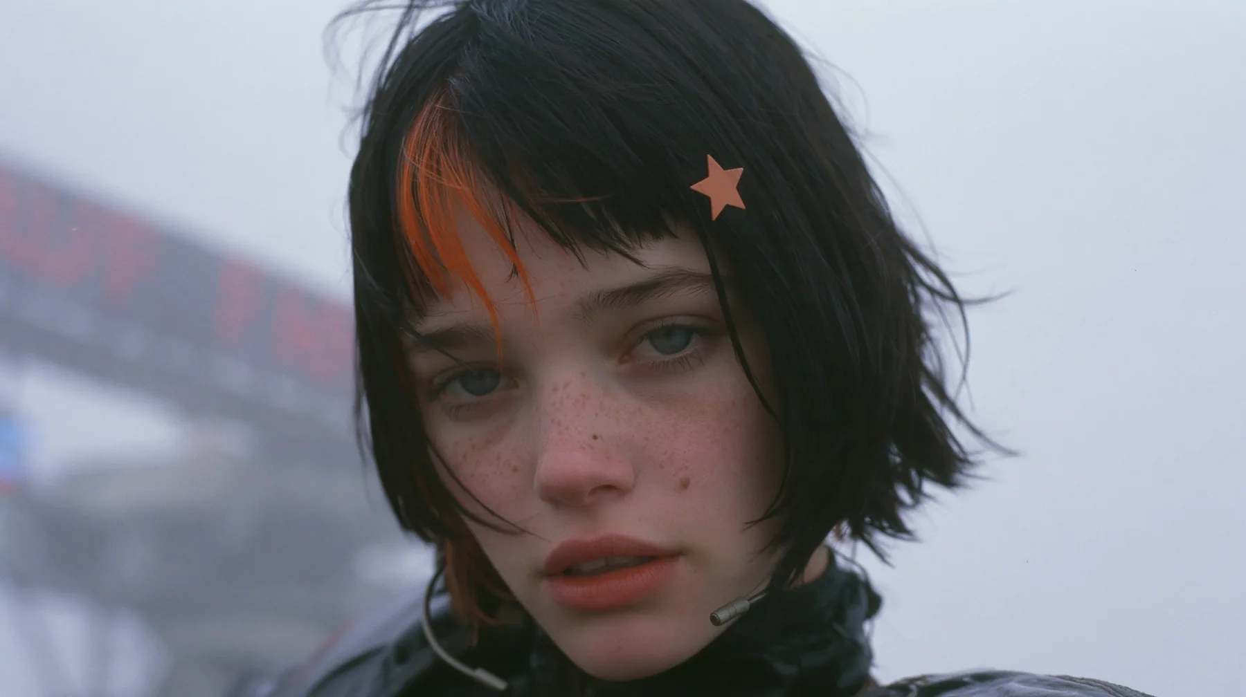 close-up of a young Caucasian American woman with pale skin and light freckles, a glossy black blunt jaw-length bob with heavy bangs and one clay-orange streak through the bangs, a small flat clay-orange…