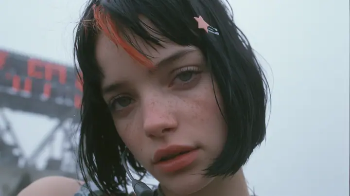 close-up of a young Caucasian American woman with pale skin and light freckles, a glossy black blunt jaw-length bob with heavy bangs and one clay-orange streak through the bangs, a small flat clay-orange…