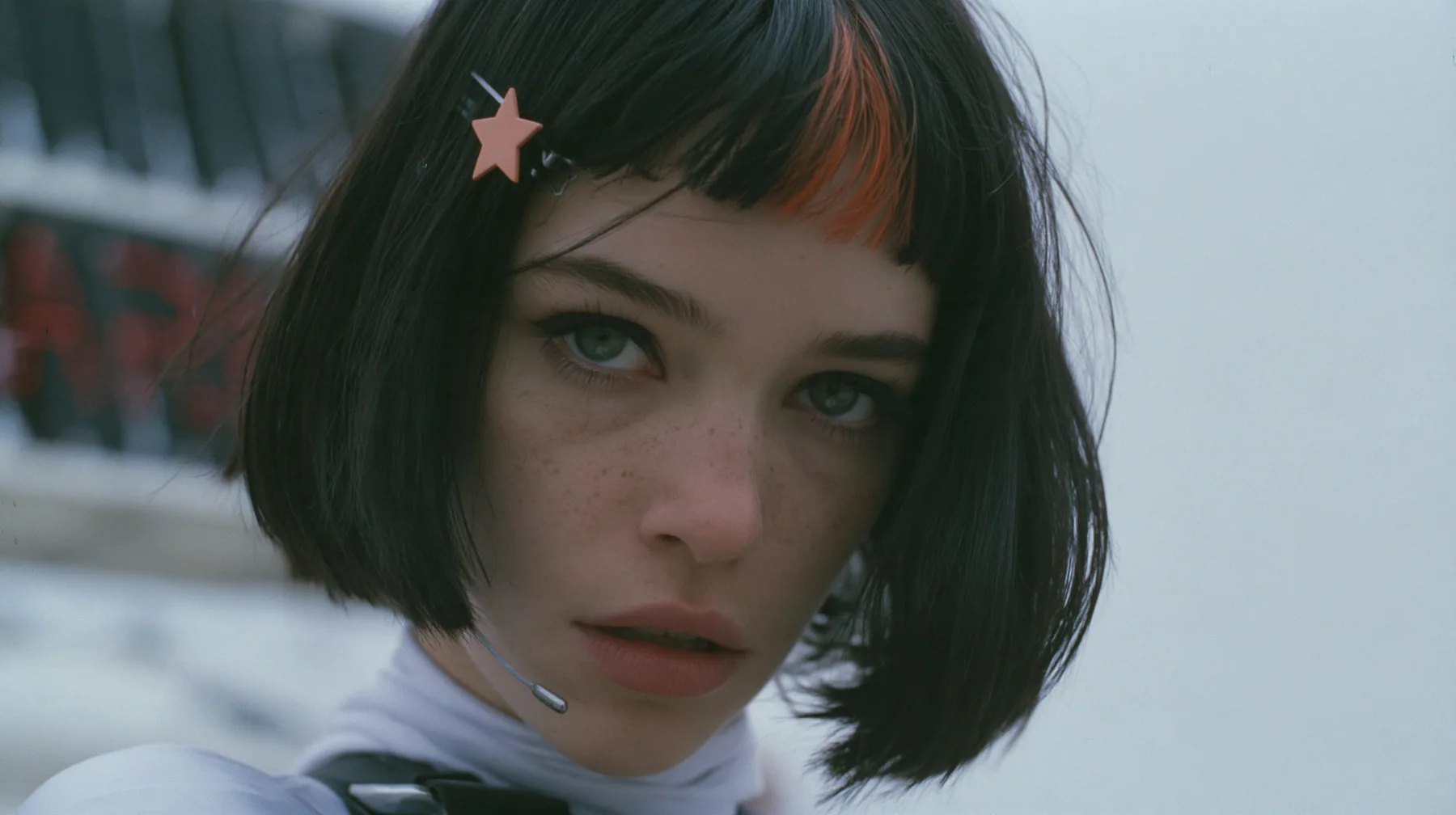close-up of a young Caucasian American woman with pale skin and light freckles, a glossy black blunt jaw-length bob with heavy bangs and one clay-orange streak through the bangs, a small flat clay-orange…