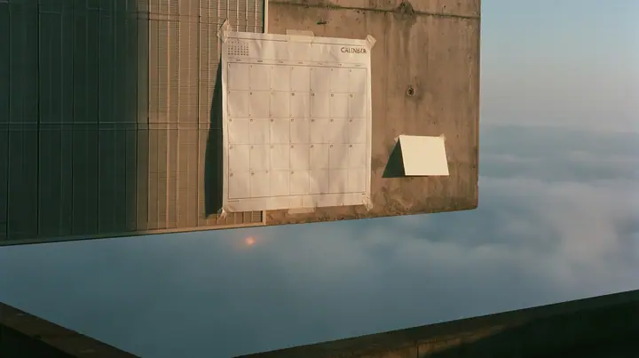 a paper wall calendar with an empty month grid taped to raw concrete below a giant split-flap board, one blank off-white sticky note stuck to it, pale dawn light raking across, pale dawn grey-white, soft even light,…