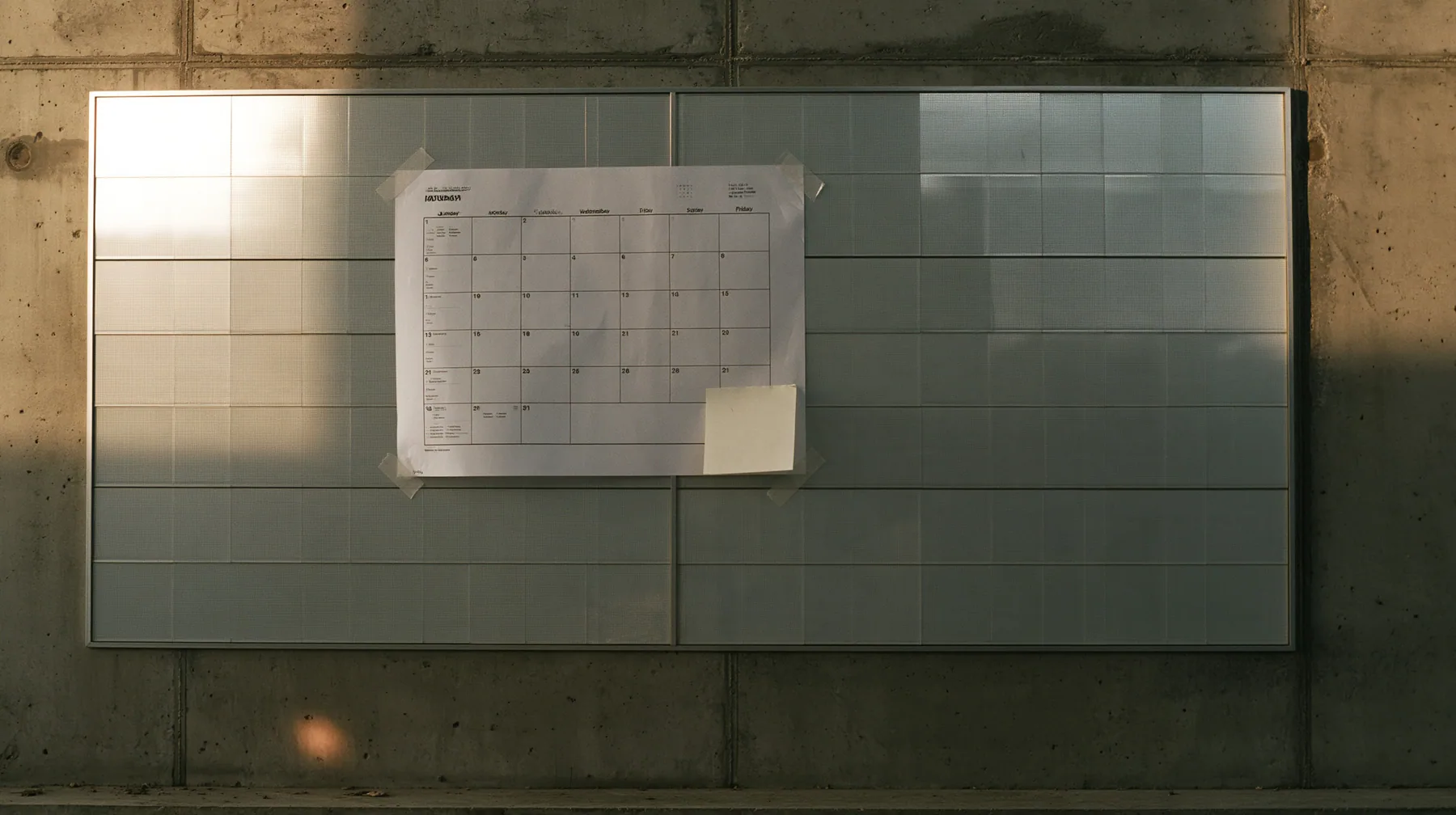 a paper wall calendar with an empty month grid taped to raw concrete below a giant split-flap board, one blank off-white sticky note stuck to it, pale dawn light raking across, pale dawn grey-white, soft even light,…