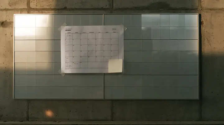 a paper wall calendar with an empty month grid taped to raw concrete below a giant split-flap board, one blank off-white sticky note stuck to it, pale dawn light raking across, pale dawn grey-white, soft even light,…