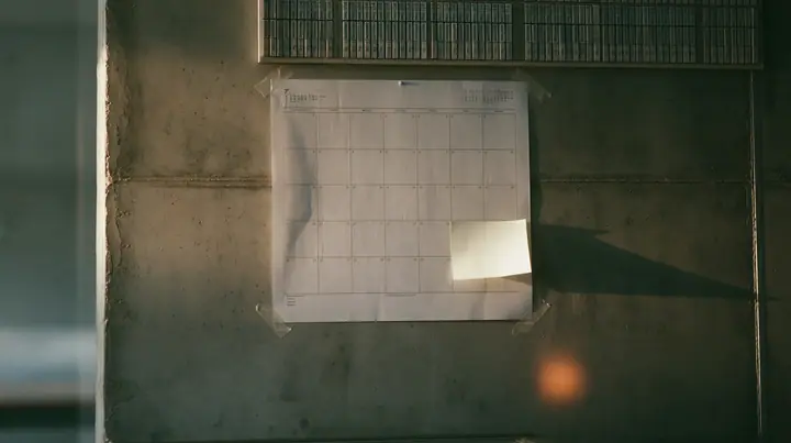 a paper wall calendar with an empty month grid taped to raw concrete below a giant split-flap board, one blank off-white sticky note stuck to it, pale dawn light raking across, pale dawn grey-white, soft even light,…