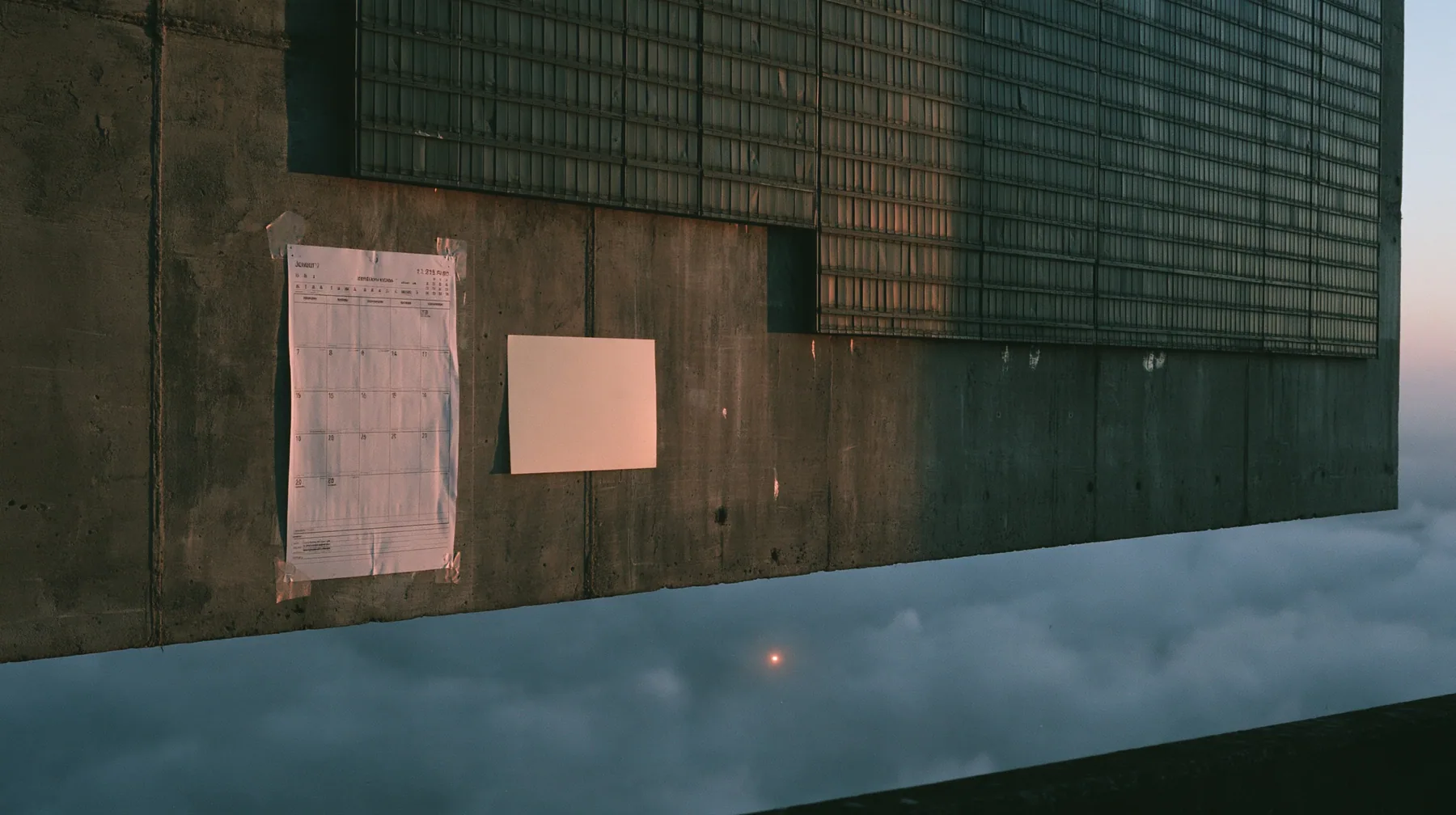 a paper wall calendar with an empty month grid taped to raw concrete below a giant split-flap board, one blank off-white sticky note stuck to it, pale dawn light raking across, pale dawn grey-white, soft even light,…
