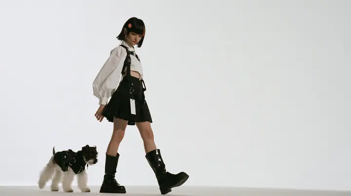full-length shot of a young Caucasian American woman with pale skin and light freckles, a glossy black blunt jaw-length bob with heavy bangs and one clay-orange streak through the bangs, a small flat clay-orange…