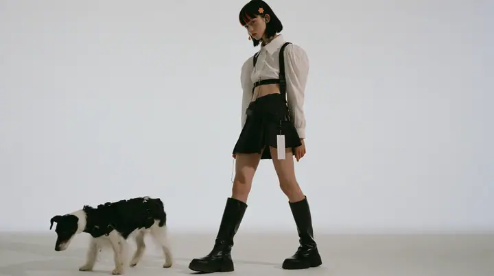 full-length shot of a young Caucasian American woman with pale skin and light freckles, a glossy black blunt jaw-length bob with heavy bangs and one clay-orange streak through the bangs, a small flat clay-orange…