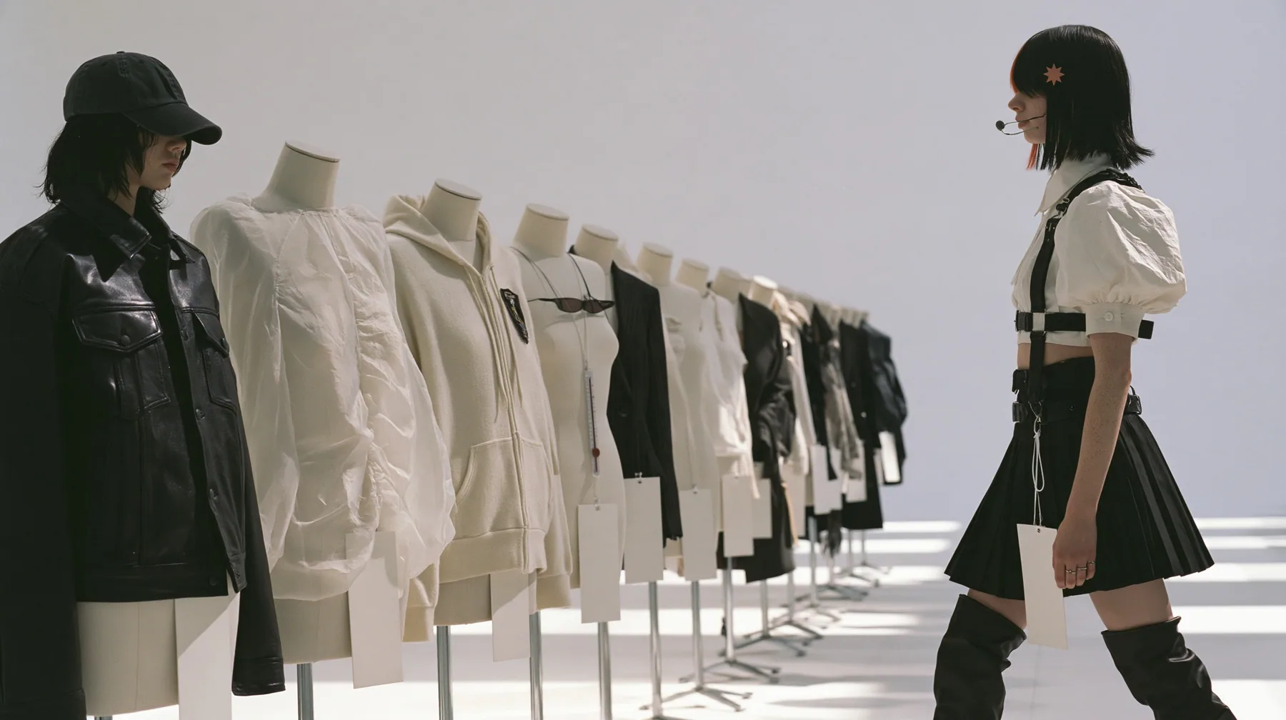 wide shot of eleven headless dress forms lined along an endless white catwalk, dressed in a washed black dad cap, a black leather jacket, a sheer organza shell, a pale cashmere hoodie with a badge, narrow sunglasses,…