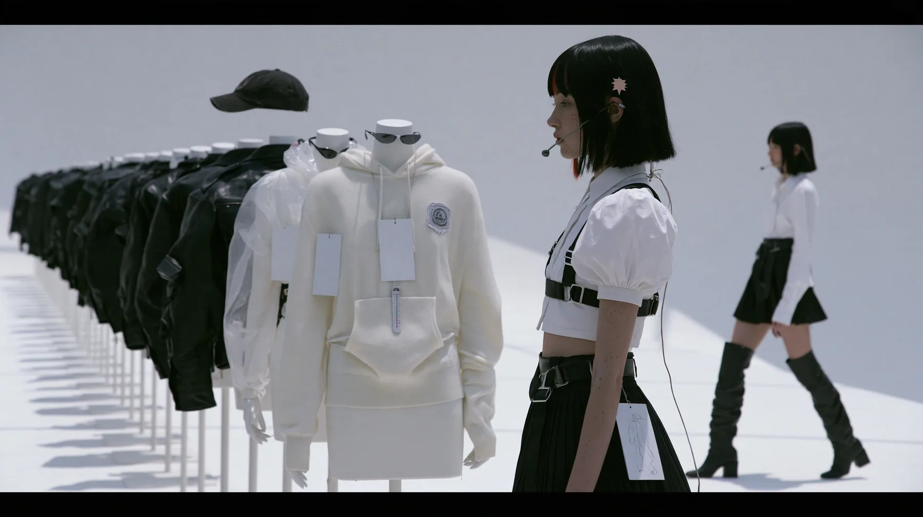 wide shot of eleven headless dress forms lined along an endless white catwalk, dressed in a washed black dad cap, a black leather jacket, a sheer organza shell, a pale cashmere hoodie with a badge, narrow sunglasses,…