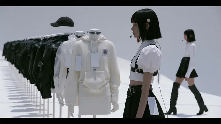 wide shot of eleven headless dress forms lined along an endless white catwalk, dressed in a washed black dad cap, a black leather jacket, a sheer organza shell, a pale cashmere hoodie with a badge, narrow sunglasses,…