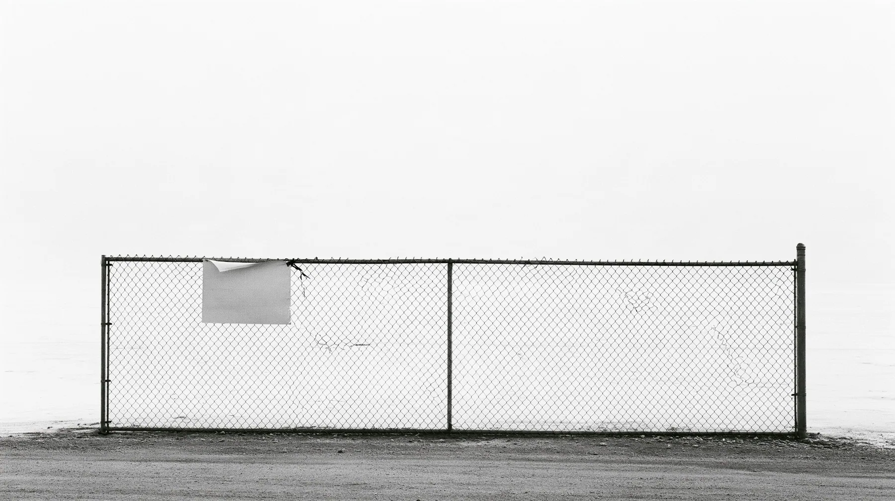 wide shot of a chain-link construction fence at the edge of a vast empty desert site, one blank laminated notice cable-tied to it and flapping, high-key white sky, no people, high-key white paper light, almost no…