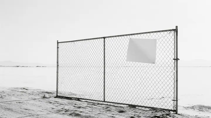 wide shot of a chain-link construction fence at the edge of a vast empty desert site, one blank laminated notice cable-tied to it and flapping, high-key white sky, no people, high-key white paper light, almost no…