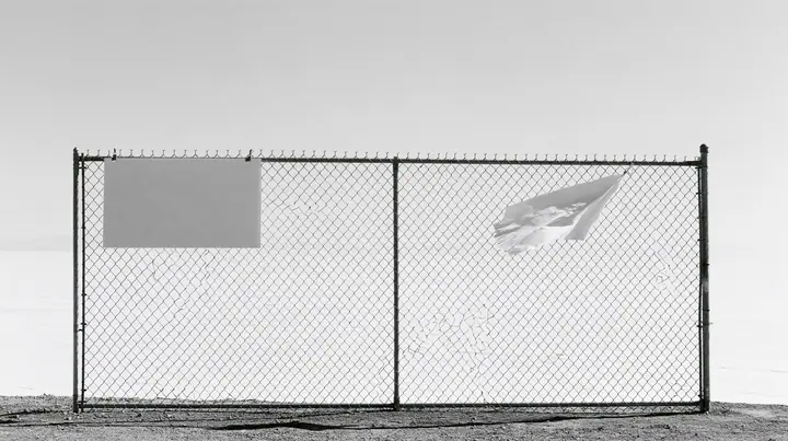 wide shot of a chain-link construction fence at the edge of a vast empty desert site, one blank laminated notice cable-tied to it and flapping, high-key white sky, no people, high-key white paper light, almost no…