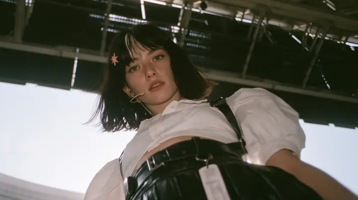 low-angle medium shot of a young Caucasian American woman with pale skin and light freckles, a glossy black blunt jaw-length bob with heavy bangs and one clay-orange streak through the bangs, a small flat clay-orange…