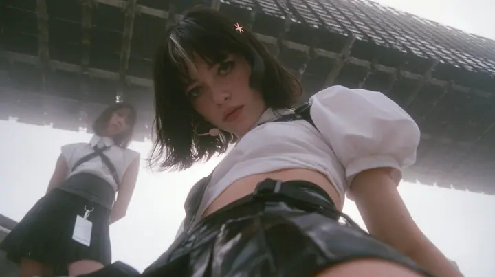 low-angle medium shot of a young Caucasian American woman with pale skin and light freckles, a glossy black blunt jaw-length bob with heavy bangs and one clay-orange streak through the bangs, a small flat clay-orange…
