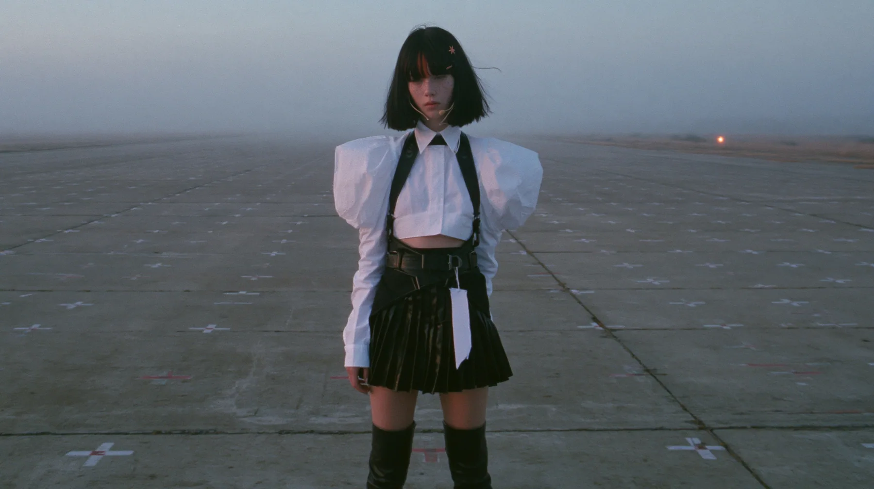 extreme wide shot of a vast empty grey concrete hall with a perfect grid of small painted floor marks receding to the horizon, a young Caucasian American woman with pale skin and light freckles, a glossy black blunt…