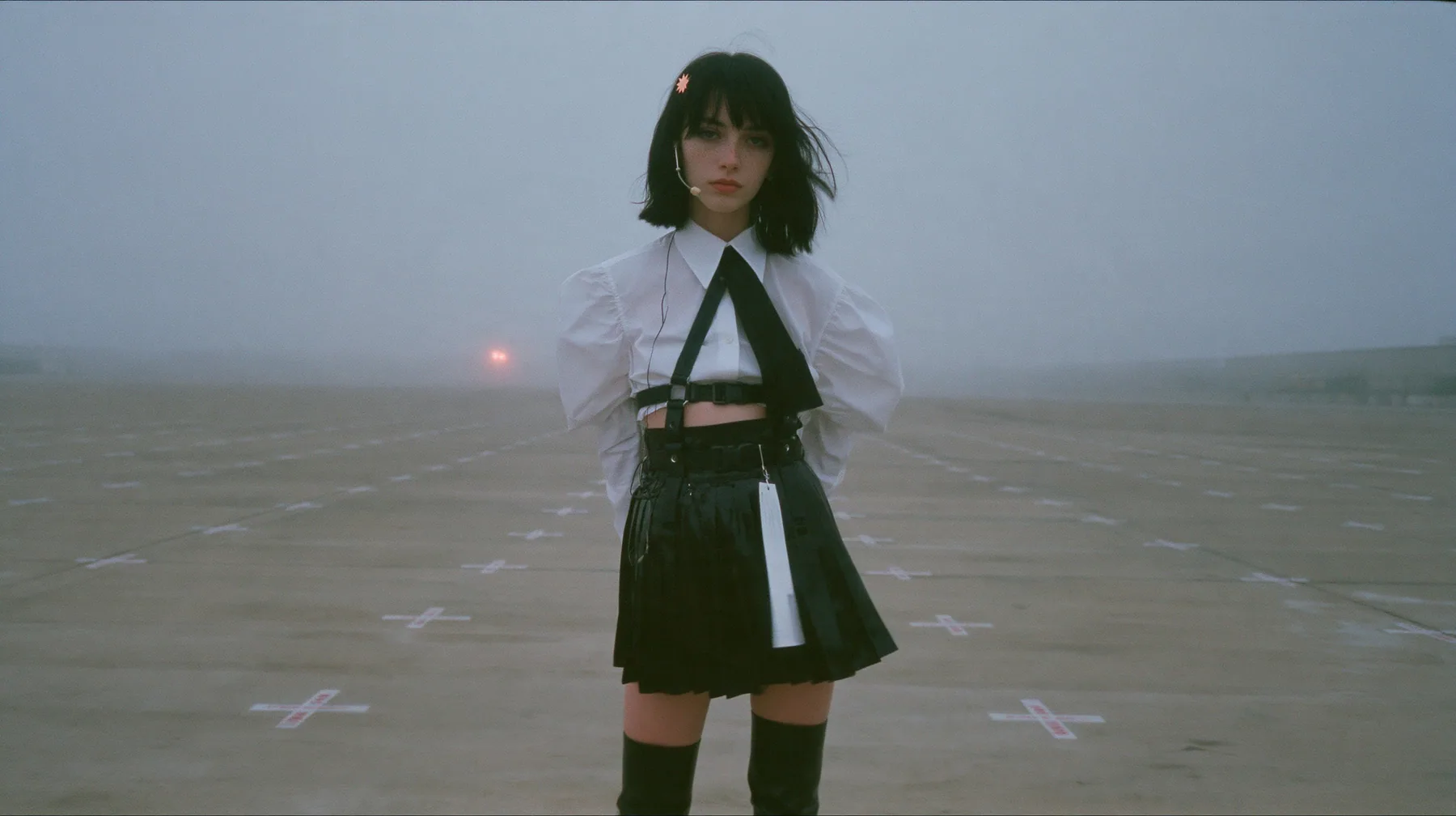 extreme wide shot of a vast empty grey concrete hall with a perfect grid of small painted floor marks receding to the horizon, a young Caucasian American woman with pale skin and light freckles, a glossy black blunt…