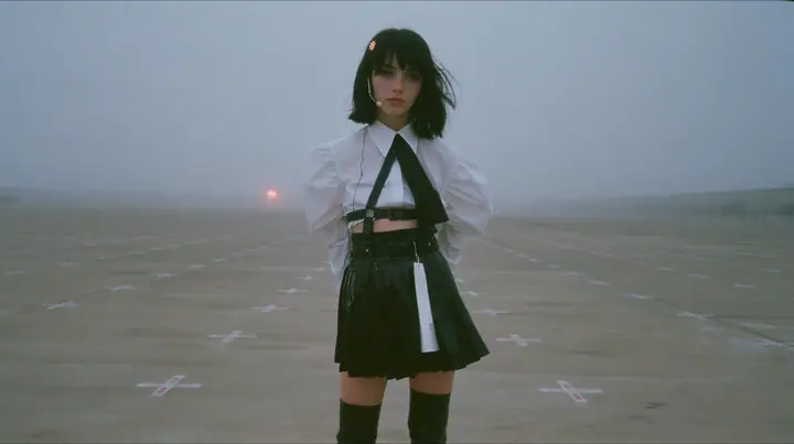extreme wide shot of a vast empty grey concrete hall with a perfect grid of small painted floor marks receding to the horizon, a young Caucasian American woman with pale skin and light freckles, a glossy black blunt…