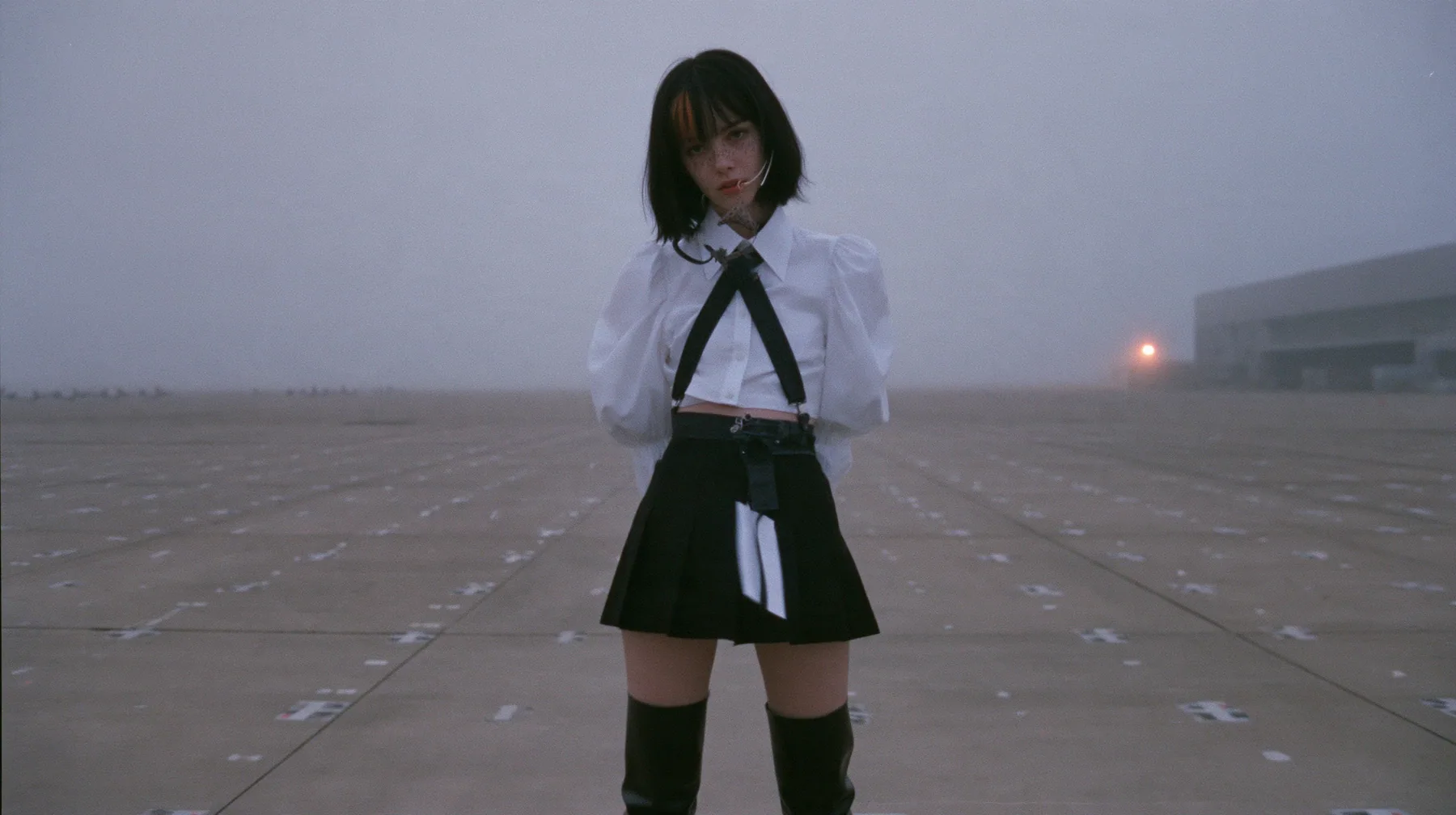 extreme wide shot of a vast empty grey concrete hall with a perfect grid of small painted floor marks receding to the horizon, a young Caucasian American woman with pale skin and light freckles, a glossy black blunt…