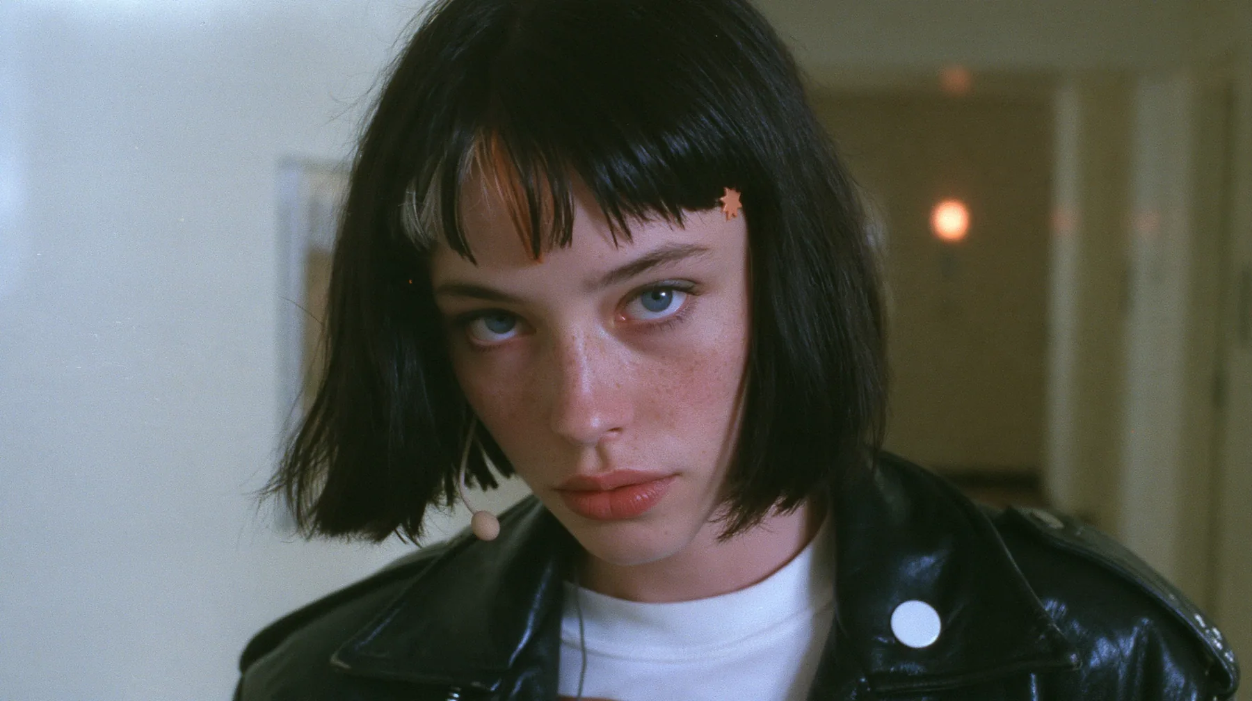 medium close-up of a young Caucasian American woman with pale skin and light freckles, a glossy black blunt jaw-length bob with heavy bangs and one clay-orange streak through the bangs, a small flat clay-orange…