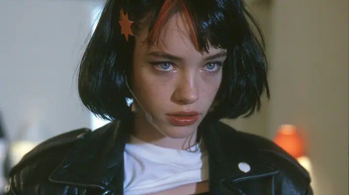 medium close-up of a young Caucasian American woman with pale skin and light freckles, a glossy black blunt jaw-length bob with heavy bangs and one clay-orange streak through the bangs, a small flat clay-orange…