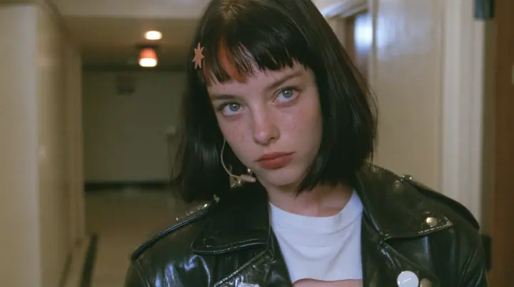 medium close-up of a young Caucasian American woman with pale skin and light freckles, a glossy black blunt jaw-length bob with heavy bangs and one clay-orange streak through the bangs, a small flat clay-orange…