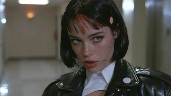medium close-up of a young Caucasian American woman with pale skin and light freckles, a glossy black blunt jaw-length bob with heavy bangs and one clay-orange streak through the bangs, a small flat clay-orange…