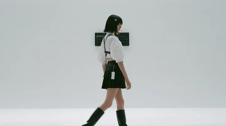wide shot of a small black split-flap board with blank flaps alone on a seamless white paper wall, a young Caucasian American woman with pale skin and light freckles, a glossy black blunt jaw-length bob with heavy…