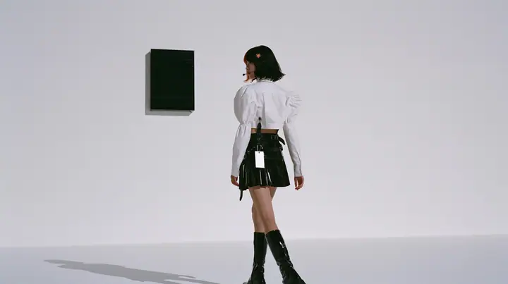 wide shot of a small black split-flap board with blank flaps alone on a seamless white paper wall, a young Caucasian American woman with pale skin and light freckles, a glossy black blunt jaw-length bob with heavy…
