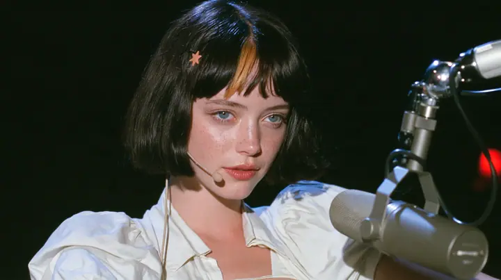 medium close-up of a young Caucasian American woman with pale skin and light freckles, a glossy black blunt jaw-length bob with heavy bangs and one clay-orange streak through the bangs, a small flat clay-orange…
