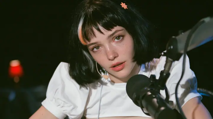 medium close-up of a young Caucasian American woman with pale skin and light freckles, a glossy black blunt jaw-length bob with heavy bangs and one clay-orange streak through the bangs, a small flat clay-orange…