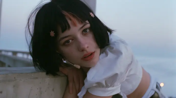 medium close-up of a young Caucasian American woman with pale skin and light freckles, a glossy black blunt jaw-length bob with heavy bangs and one clay-orange streak through the bangs, a small flat clay-orange…