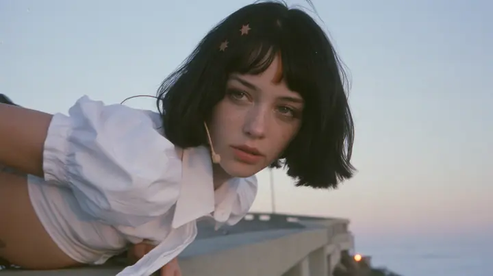 medium close-up of a young Caucasian American woman with pale skin and light freckles, a glossy black blunt jaw-length bob with heavy bangs and one clay-orange streak through the bangs, a small flat clay-orange…