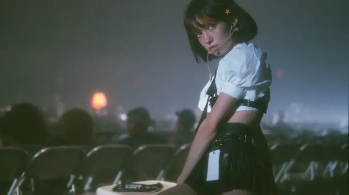 medium shot of a young Caucasian American woman with pale skin and light freckles, a glossy black blunt jaw-length bob with heavy bangs and one clay-orange streak through the bangs, a small flat clay-orange…