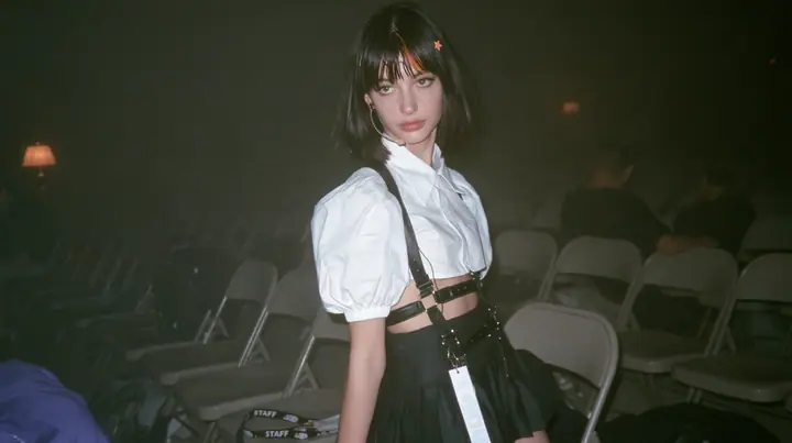 medium shot of a young Caucasian American woman with pale skin and light freckles, a glossy black blunt jaw-length bob with heavy bangs and one clay-orange streak through the bangs, a small flat clay-orange…