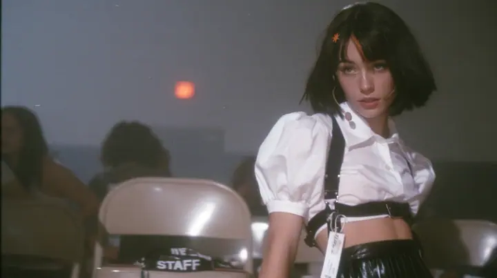 medium shot of a young Caucasian American woman with pale skin and light freckles, a glossy black blunt jaw-length bob with heavy bangs and one clay-orange streak through the bangs, a small flat clay-orange…