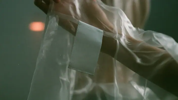 close-up of a blank white garment tag stitched to a sheer organza sleeve, the arm visible through the transparent fabric, no face, the left half empty grey, pre-dawn slate grey, soft fog, one small ember-orange lamp…