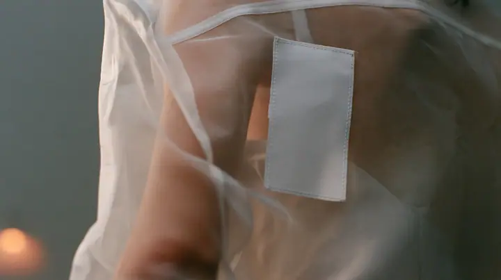 close-up of a blank white garment tag stitched to a sheer organza sleeve, the arm visible through the transparent fabric, no face, the left half empty grey, pre-dawn slate grey, soft fog, one small ember-orange lamp…