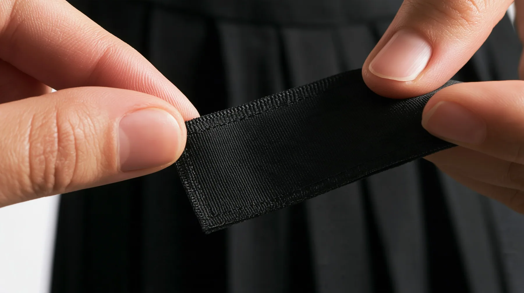 extreme macro of a young woman's fingers turning a woven garment tag over to show its blank black lining side, a black pleated skirt behind, high-key white light, no face, no text, no letters, no logos