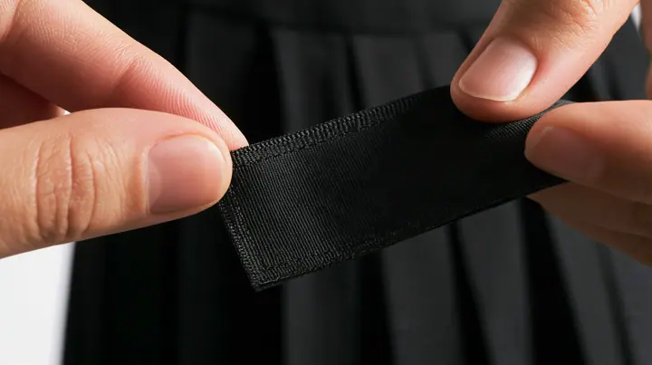 extreme macro of a young woman's fingers turning a woven garment tag over to show its blank black lining side, a black pleated skirt behind, high-key white light, no face, no text, no letters, no logos