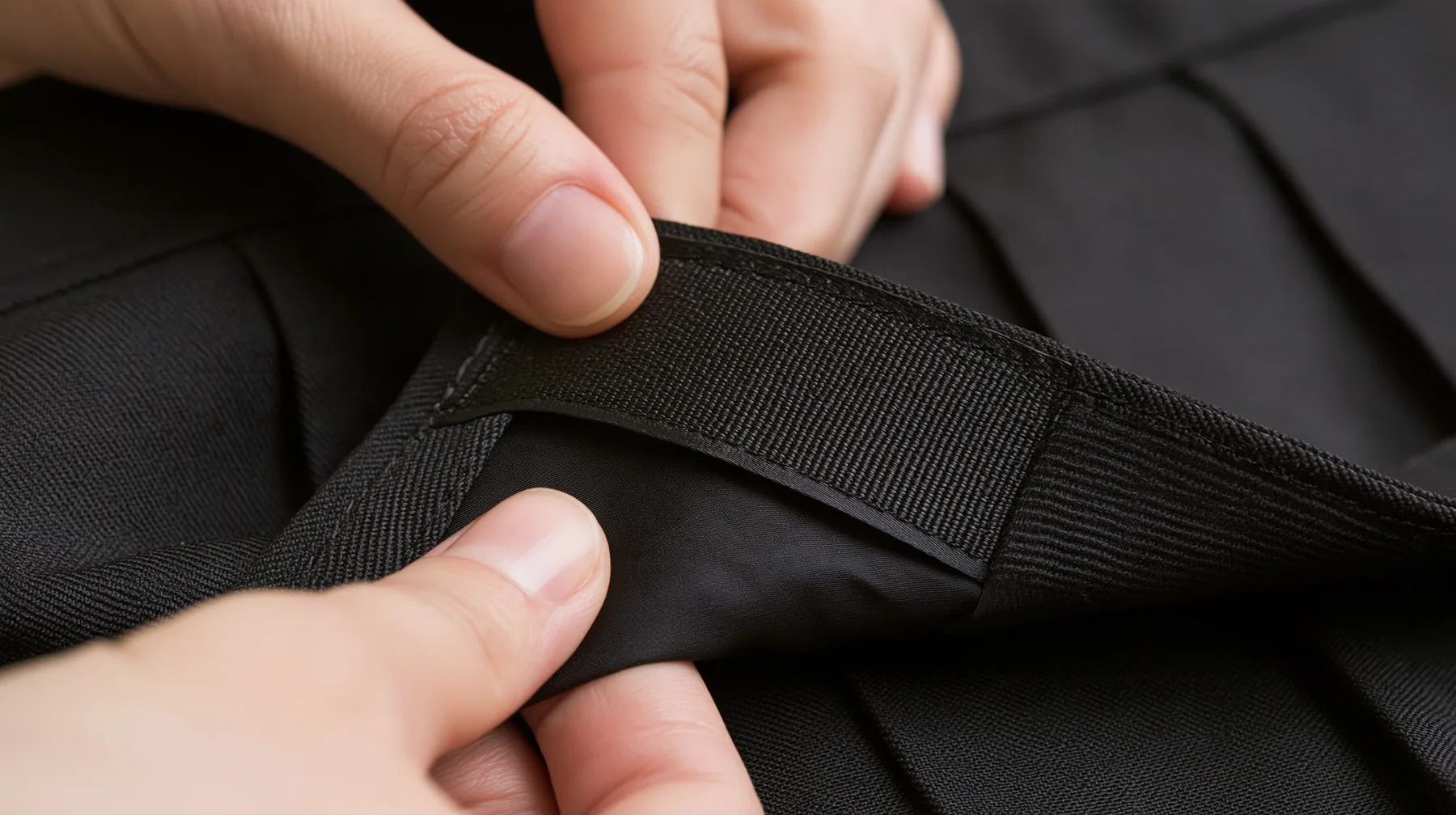 extreme macro of a young woman's fingers turning a woven garment tag over to show its blank black lining side, a black pleated skirt behind, high-key white light, no face, no text, no letters, no logos