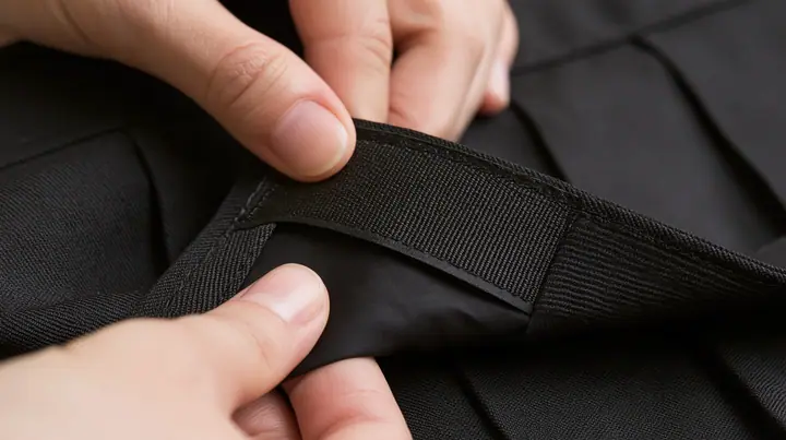 extreme macro of a young woman's fingers turning a woven garment tag over to show its blank black lining side, a black pleated skirt behind, high-key white light, no face, no text, no letters, no logos