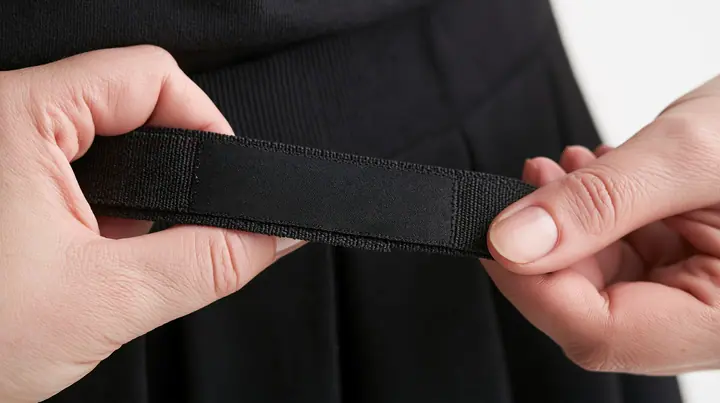 extreme macro of a young woman's fingers turning a woven garment tag over to show its blank black lining side, a black pleated skirt behind, high-key white light, no face, no text, no letters, no logos