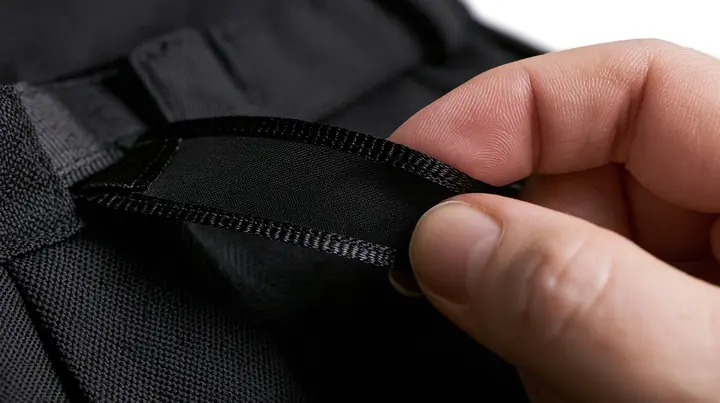 extreme macro of a young woman's fingers turning a woven garment tag over to show its blank black lining side, a black pleated skirt behind, high-key white light, no face, no text, no letters, no logos