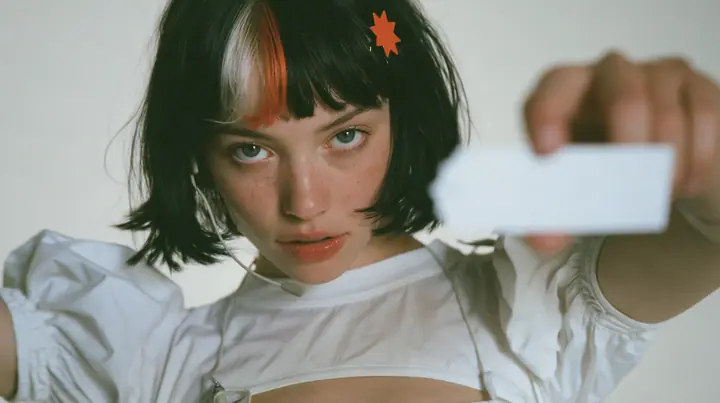medium close-up of a young Caucasian American woman with pale skin and light freckles, a glossy black blunt jaw-length bob with heavy bangs and one clay-orange streak through the bangs, a small flat clay-orange…