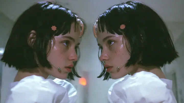 medium close-up of two identical copies of a young Caucasian American woman with pale skin and light freckles, a glossy black blunt jaw-length bob with heavy bangs and one clay-orange streak through the bangs, a…