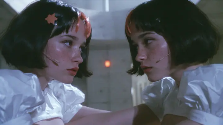 medium close-up of two identical copies of a young Caucasian American woman with pale skin and light freckles, a glossy black blunt jaw-length bob with heavy bangs and one clay-orange streak through the bangs, a…