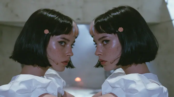 medium close-up of two identical copies of a young Caucasian American woman with pale skin and light freckles, a glossy black blunt jaw-length bob with heavy bangs and one clay-orange streak through the bangs, a…
