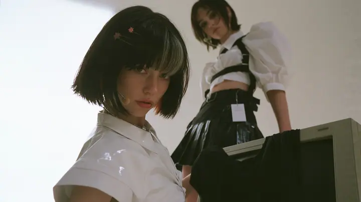 medium shot of a young Caucasian American woman with pale skin and light freckles, a glossy black blunt jaw-length bob with heavy bangs and one clay-orange streak through the bangs, a small flat clay-orange…