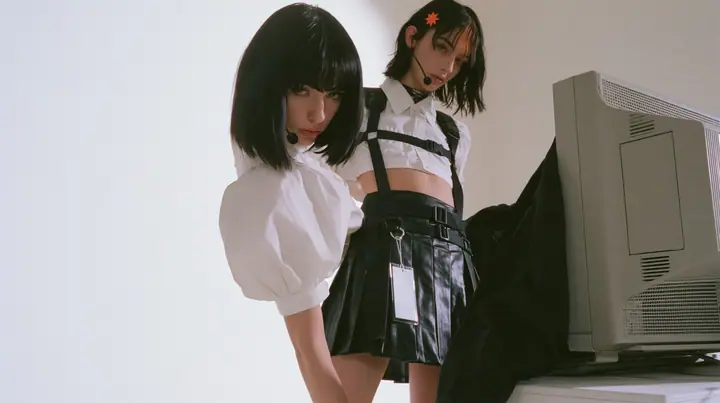 medium shot of a young Caucasian American woman with pale skin and light freckles, a glossy black blunt jaw-length bob with heavy bangs and one clay-orange streak through the bangs, a small flat clay-orange…